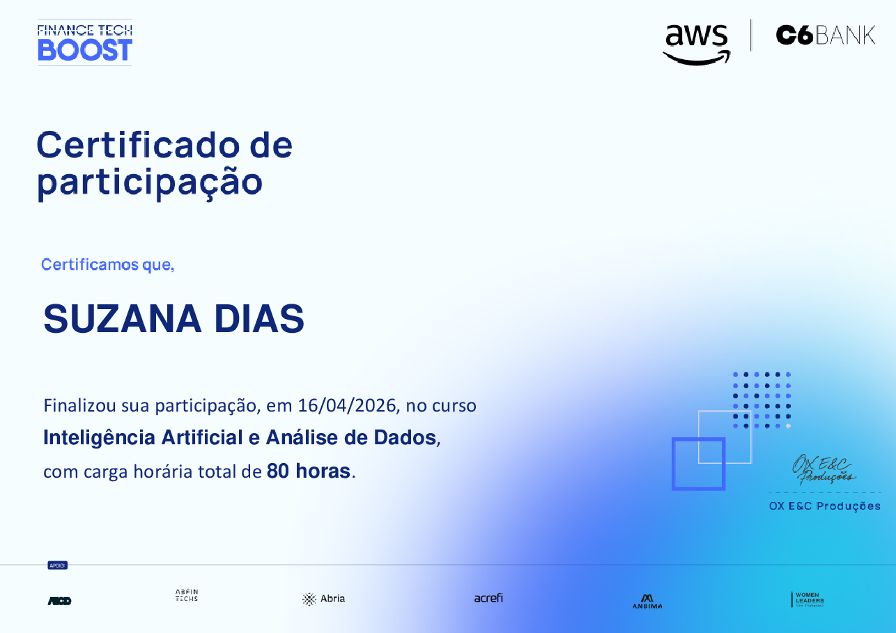 Certificado de Conclusão de SUZANA DIAS, emitido por Finance TechBoost