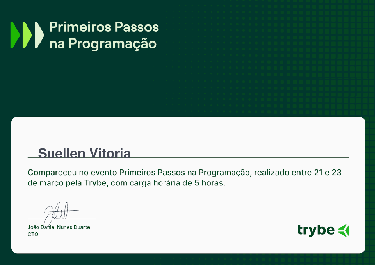 Certificado de Participação de Suellen Vitoria, emitido por Trybe