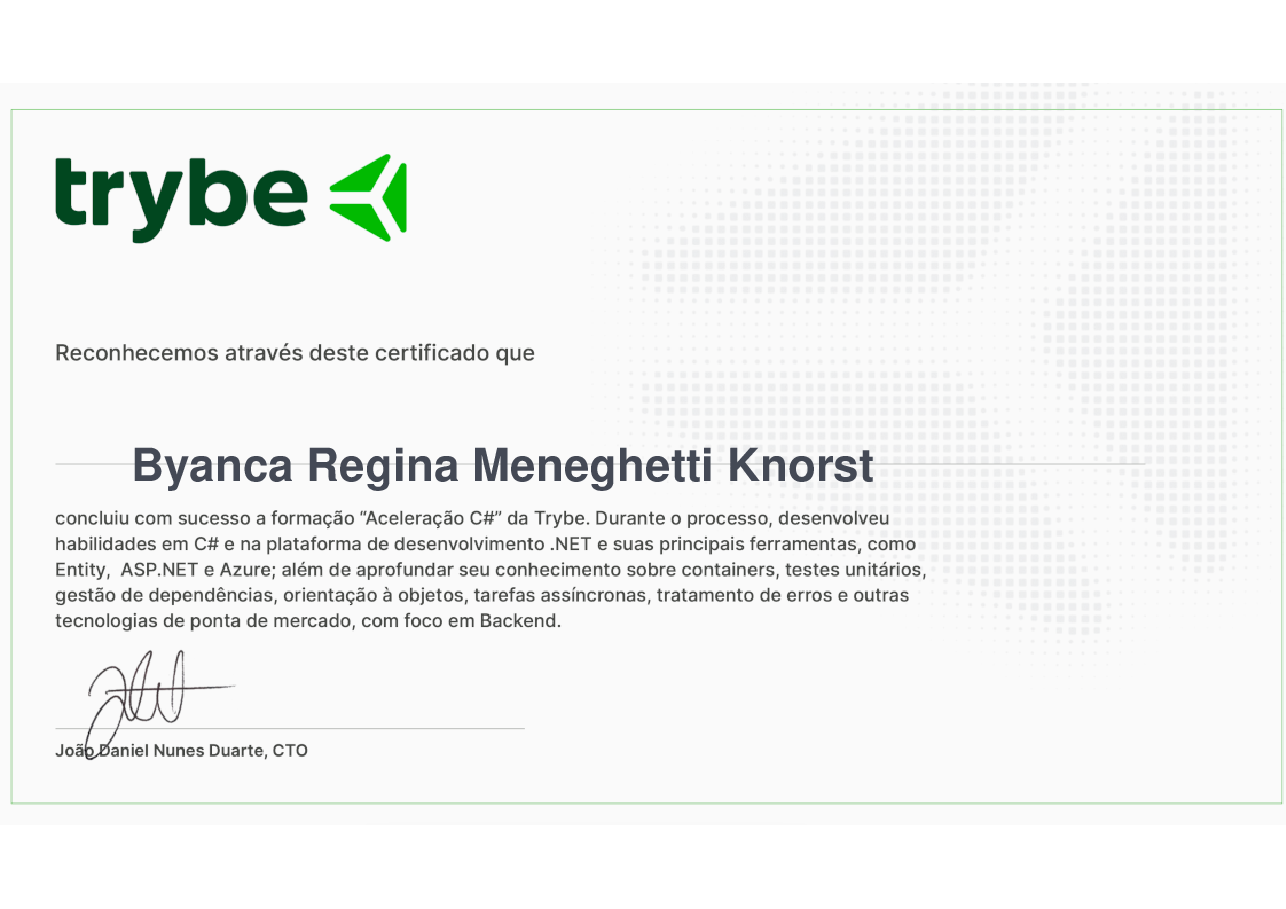 Certificado de Participação de Byanca Regina Meneghetti Knorst, emitido por Trybe