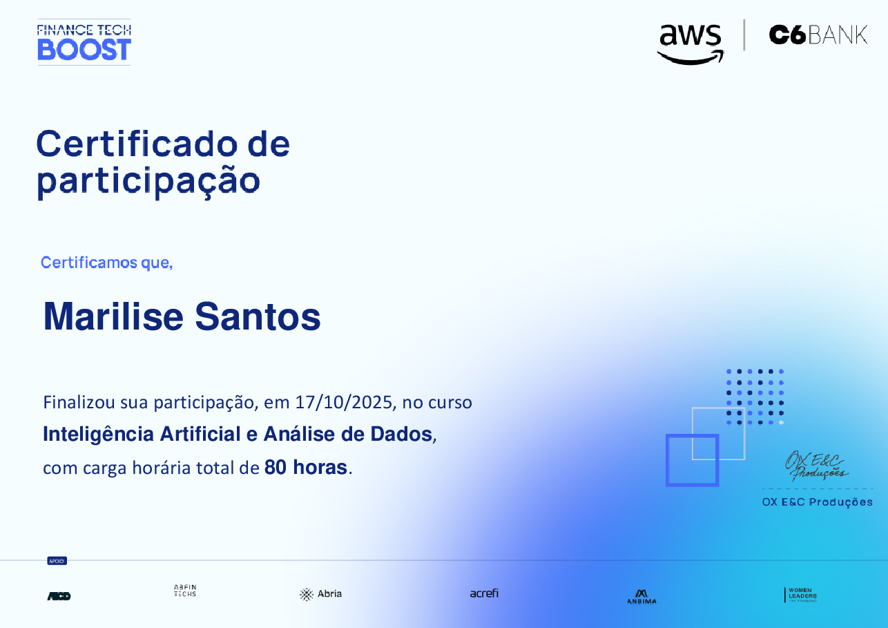 Certificado de Conclusão de Marilise Santos, emitido por Finance TechBoost