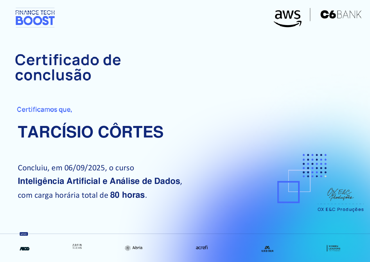 Certificado de Conclusão de TARCÍSIO CÔRTES, emitido por Finance TechBoost