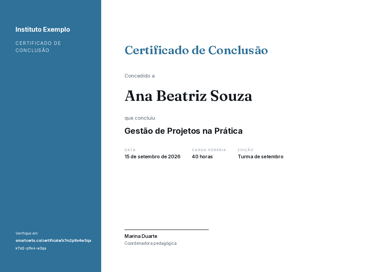 Certificado de Conclusão de Ana Beatriz Souza, emitido por Instituto Exemplo