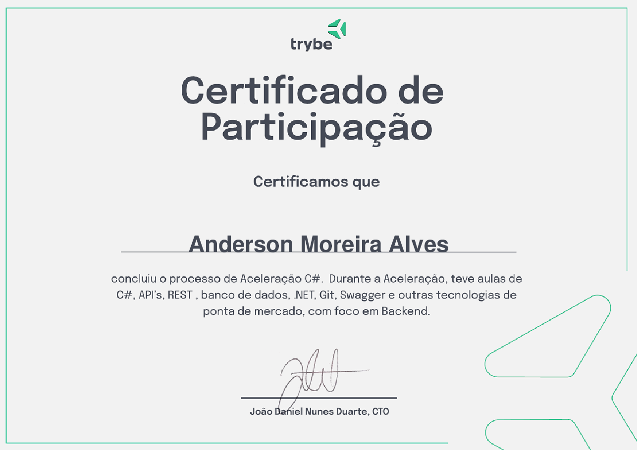Certificado de Participação de Anderson Moreira Alves, emitido por Trybe