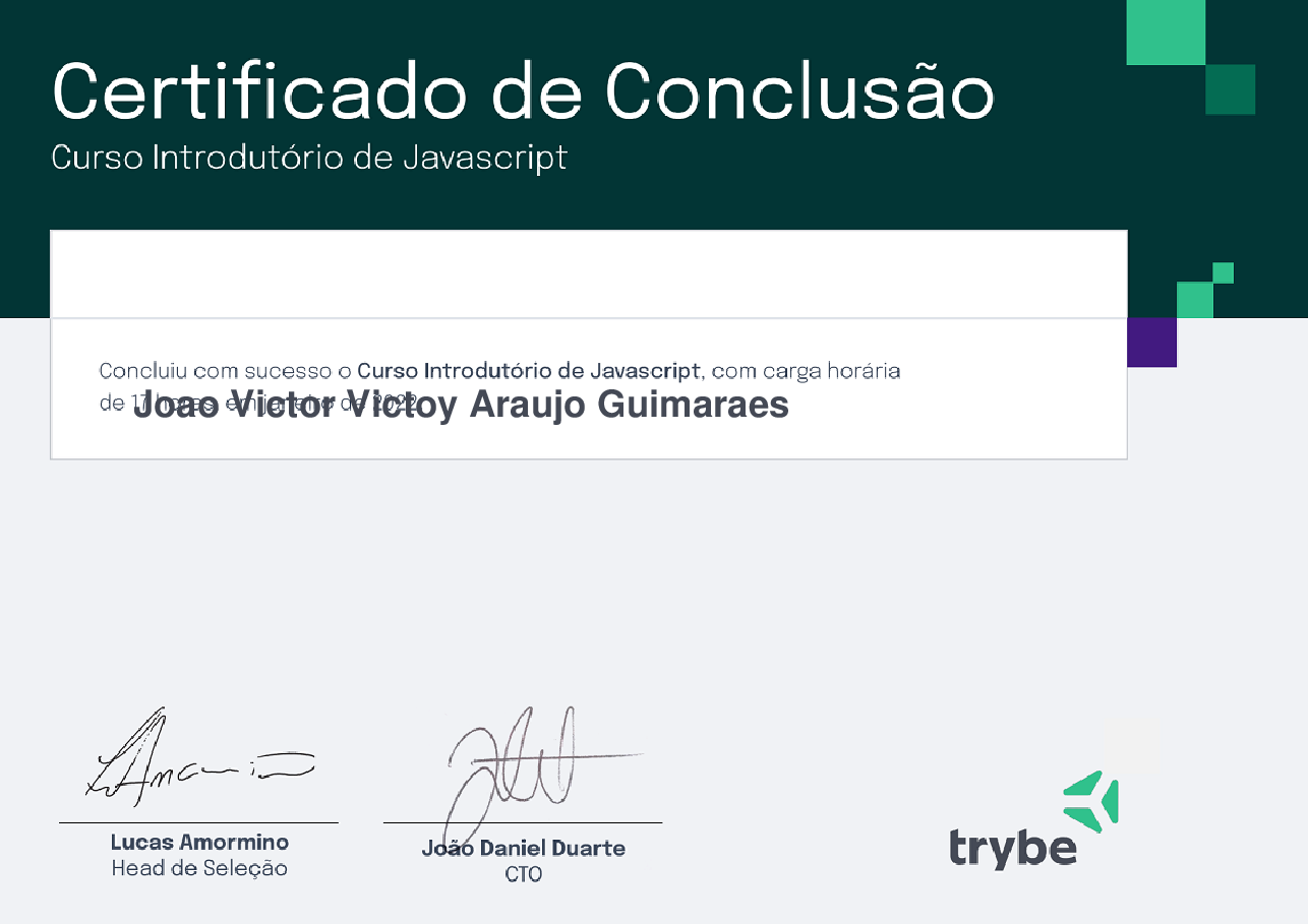 Certificado de Participação de Joao Victor Victoy Araujo Guimaraes, emitido por Trybe