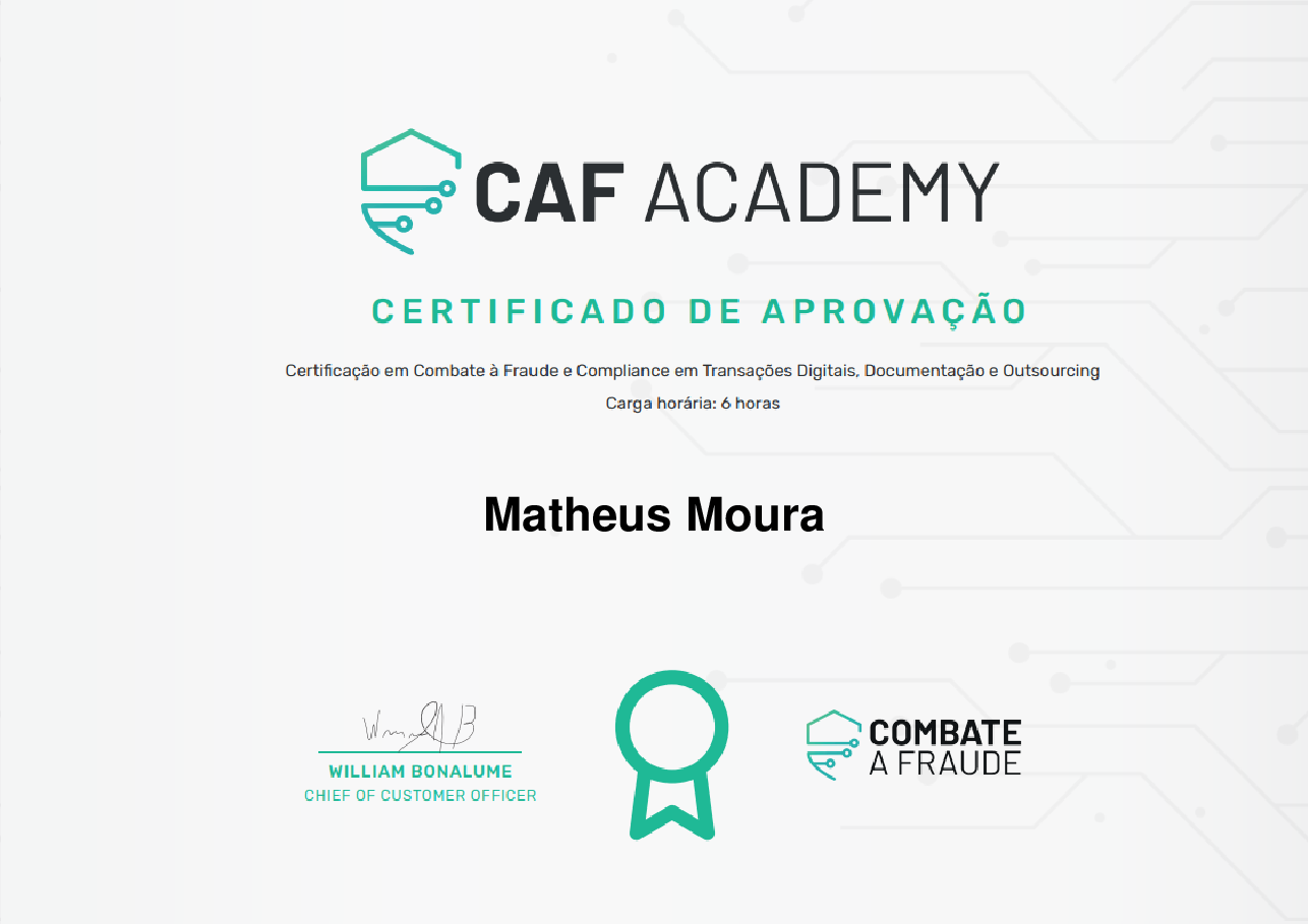 Certificado de Conclusão de Matheus Moura, emitido por Fintech School
