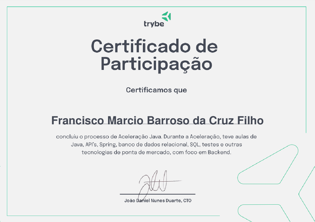 Certificado de Participação de Francisco Marcio Barroso da Cruz Filho, emitido por Trybe