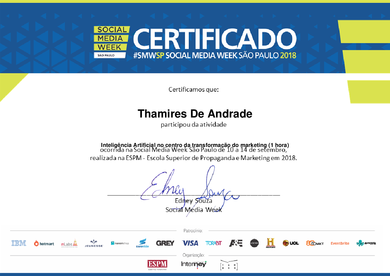 Certificado de Participação de Thamires De Andrade, emitido por Social Media Week