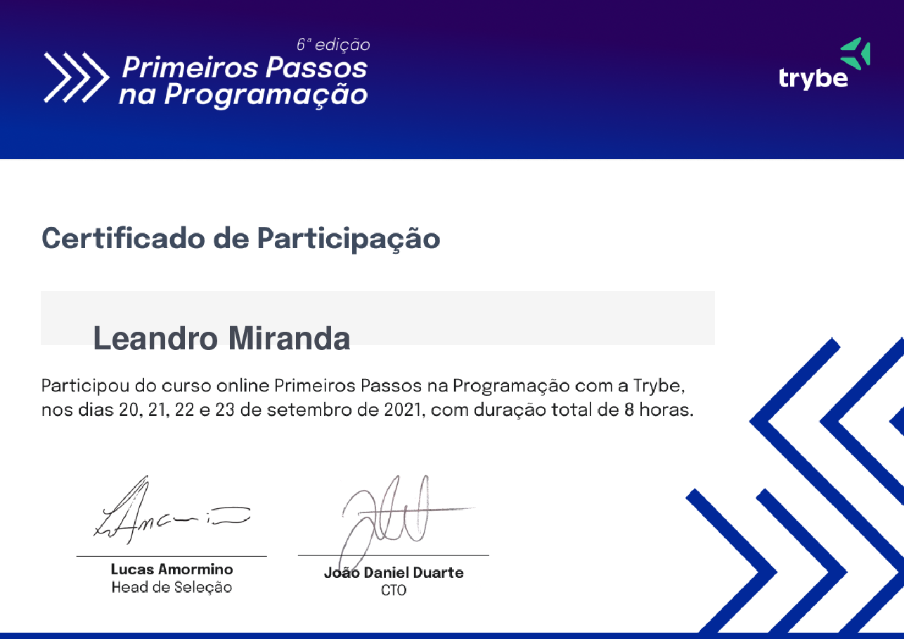 Certificado de Participação de Leandro Miranda, emitido por Trybe