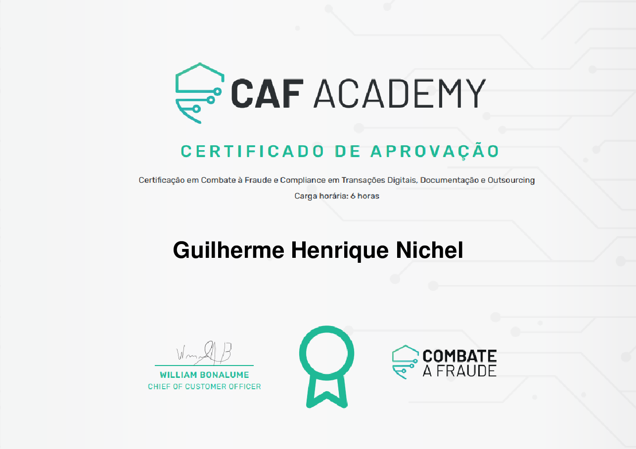 Certificado de Conclusão de Guilherme Henrique Nichel, emitido por Fintech School