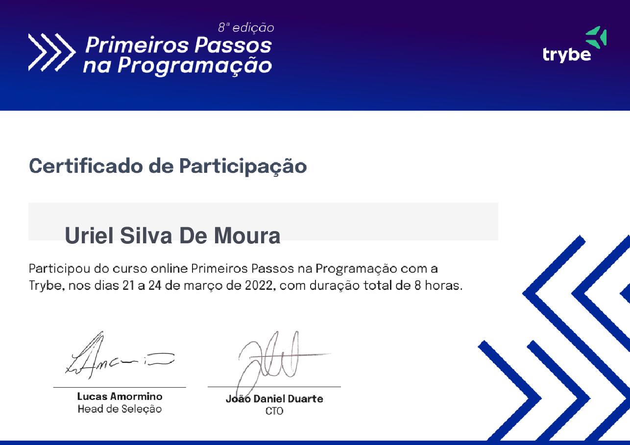 Certificado de Participação de Uriel Silva De Moura, emitido por Trybe