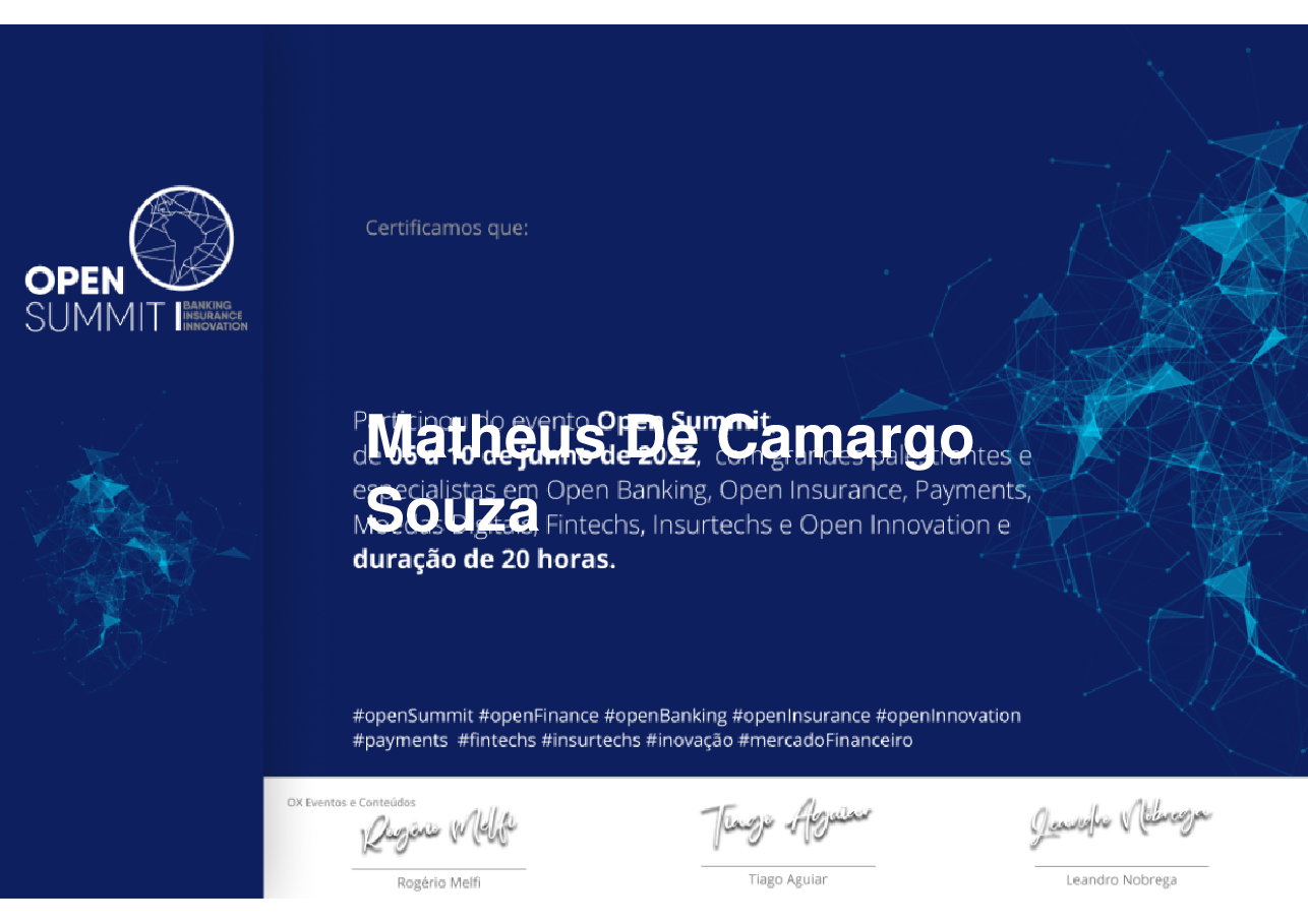 Certificado de Participação de Matheus De Camargo Souza, emitido por Somos Ox