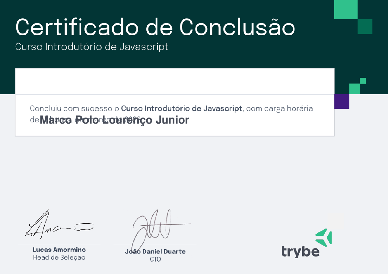 Certificado de Participação de Marco Polo Lourenço Junior, emitido por Trybe
