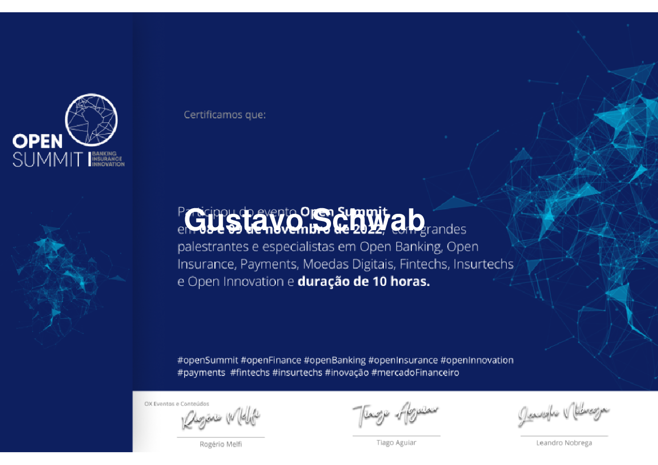 Certificado de Participação de Gustavo Schwab, emitido por Somos Ox