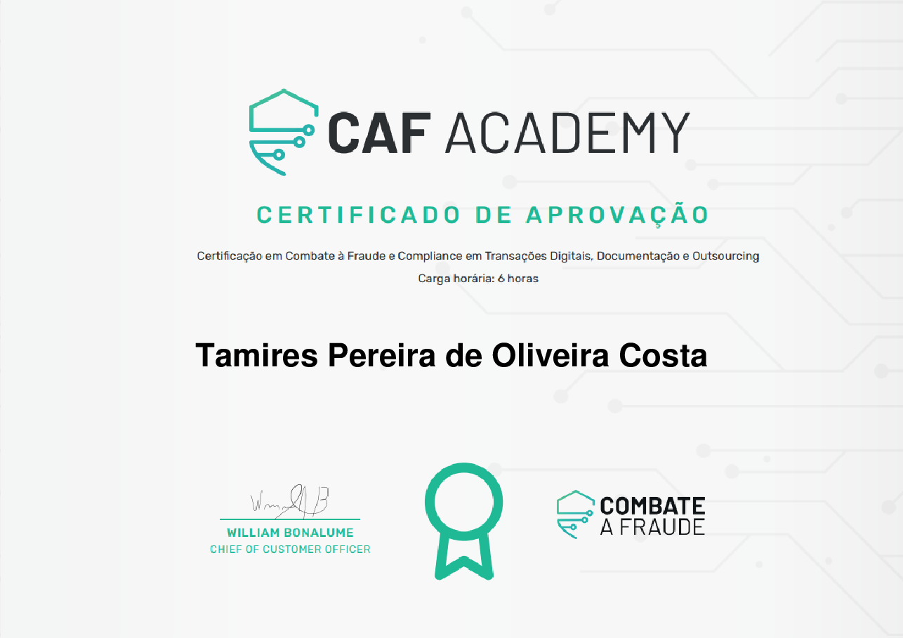 Certificado de Conclusão de Tamires Pereira de Oliveira Costa, emitido por Fintech School