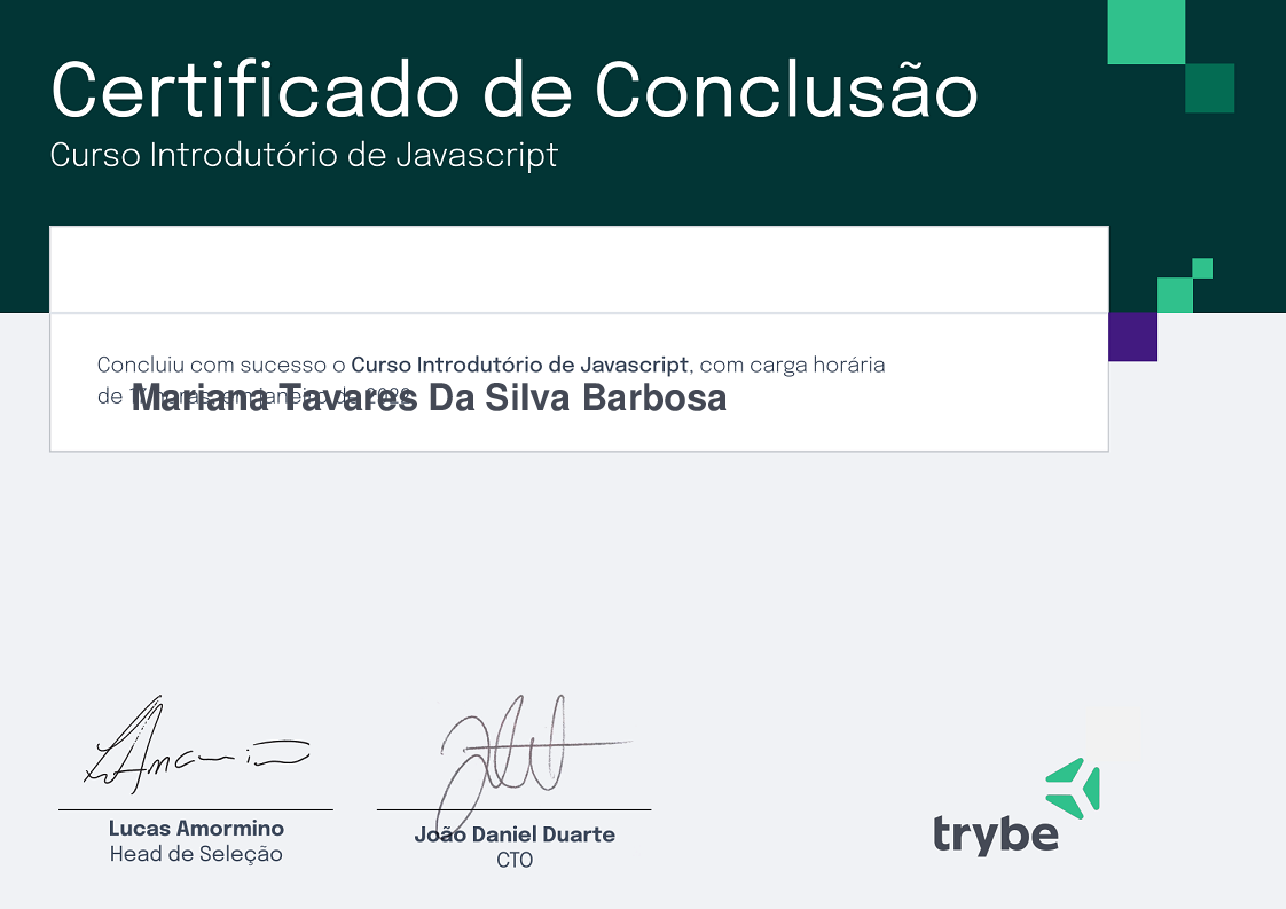 Certificado de Conclusão de Mariana Tavares Da Silva Barbosa, emitido por Trybe
