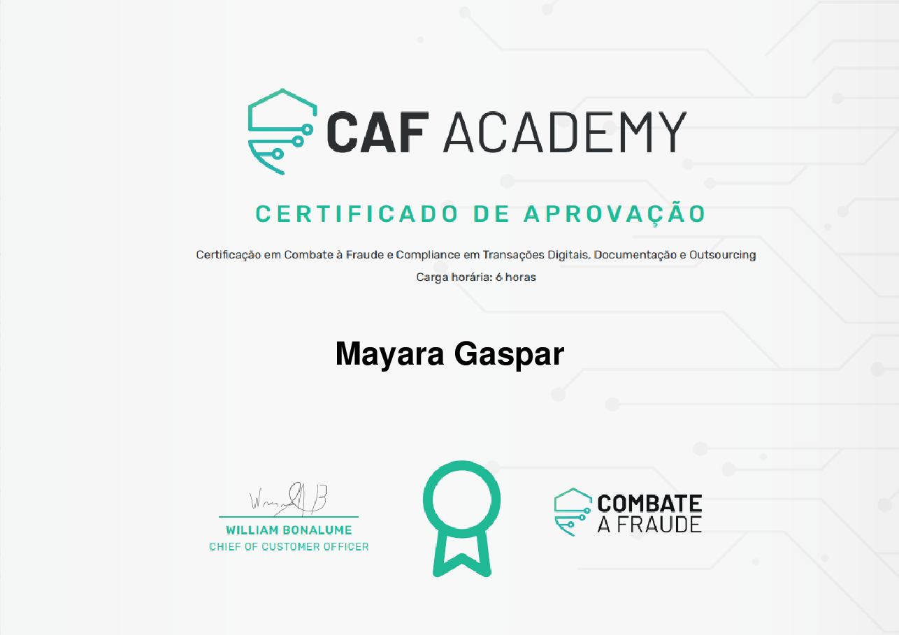 Certificado de Conclusão de Mayara Gaspar, emitido por Fintech School