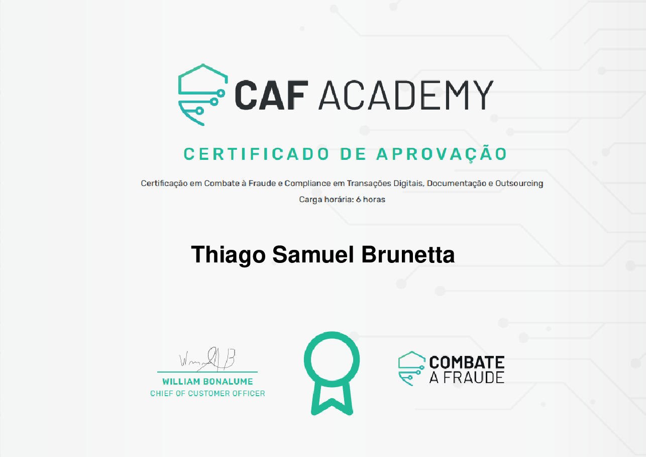 Certificado de Conclusão de Thiago Samuel Brunetta, emitido por Fintech School