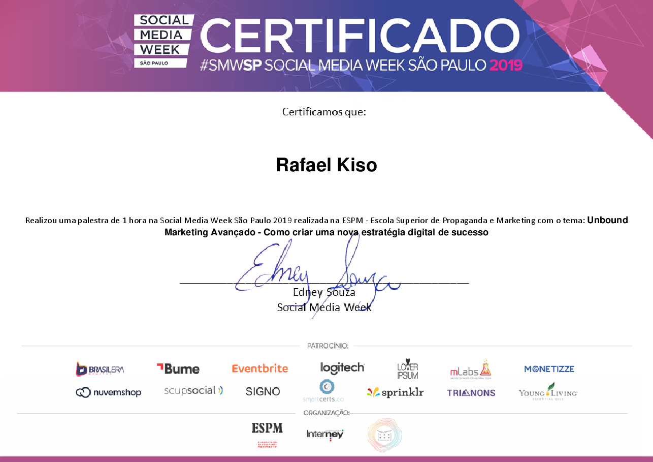 Certificado de Palestrante de Rafael Kiso, emitido por Social Media Week