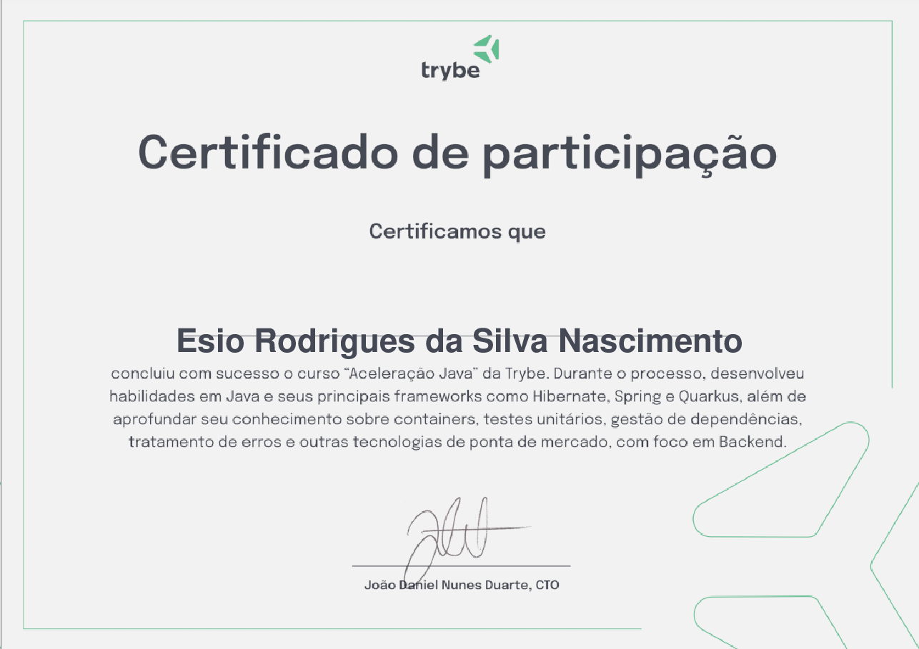 Certificado de Participação de Esio Rodrigues da Silva Nascimento, emitido por Trybe