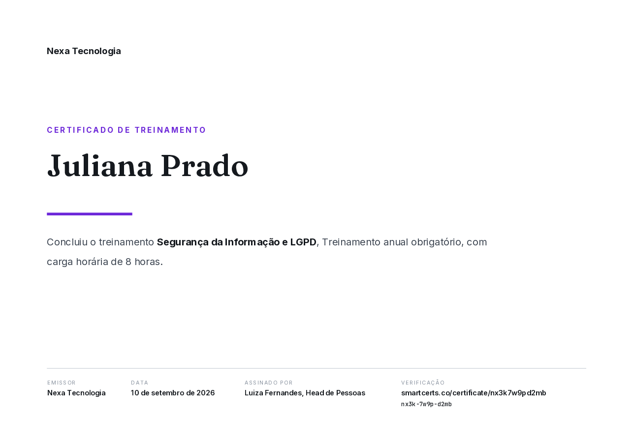 Certificado de Treinamento de Juliana Prado, Nexa Tecnologia
