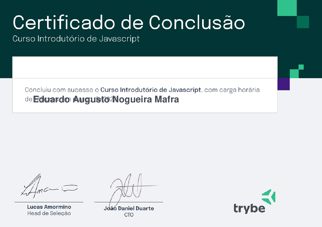 Certificado de Participação de Eduardo Augusto Nogueira Mafra, emitido por Trybe