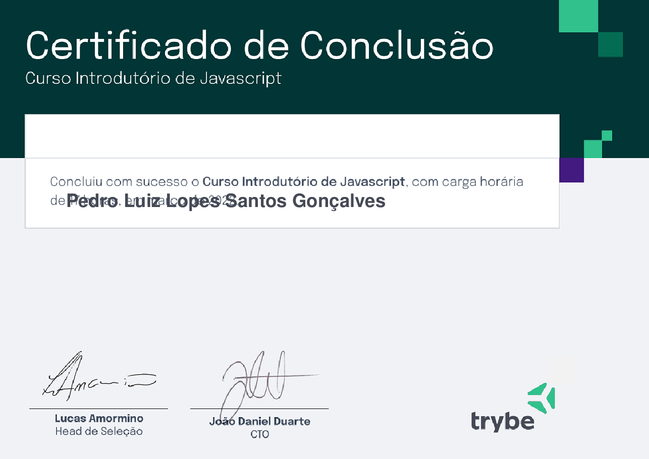 Certificado de Participação de Pedro Luiz Lopes Santos Gonçalves, emitido por Trybe