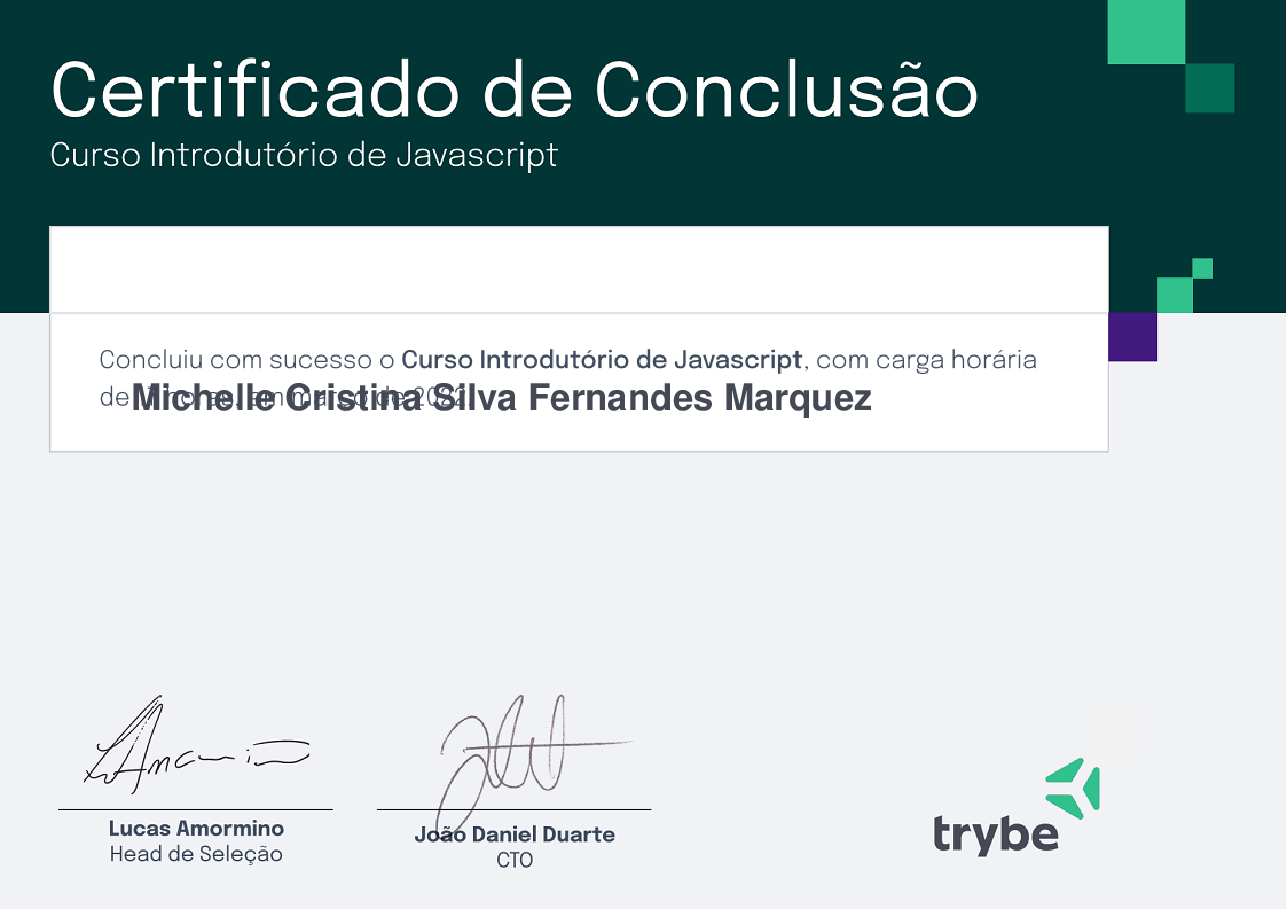 Certificado de Participação de Michelle Cristina Silva Fernandes Marquez, emitido por Trybe