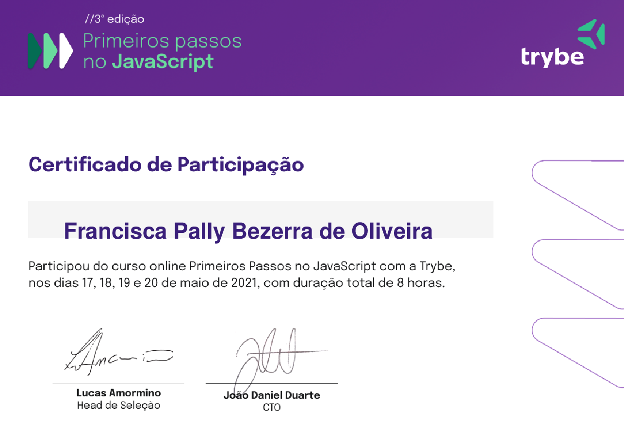 Certificado de Participação de Francisca Pally Bezerra de Oliveira, emitido por Trybe