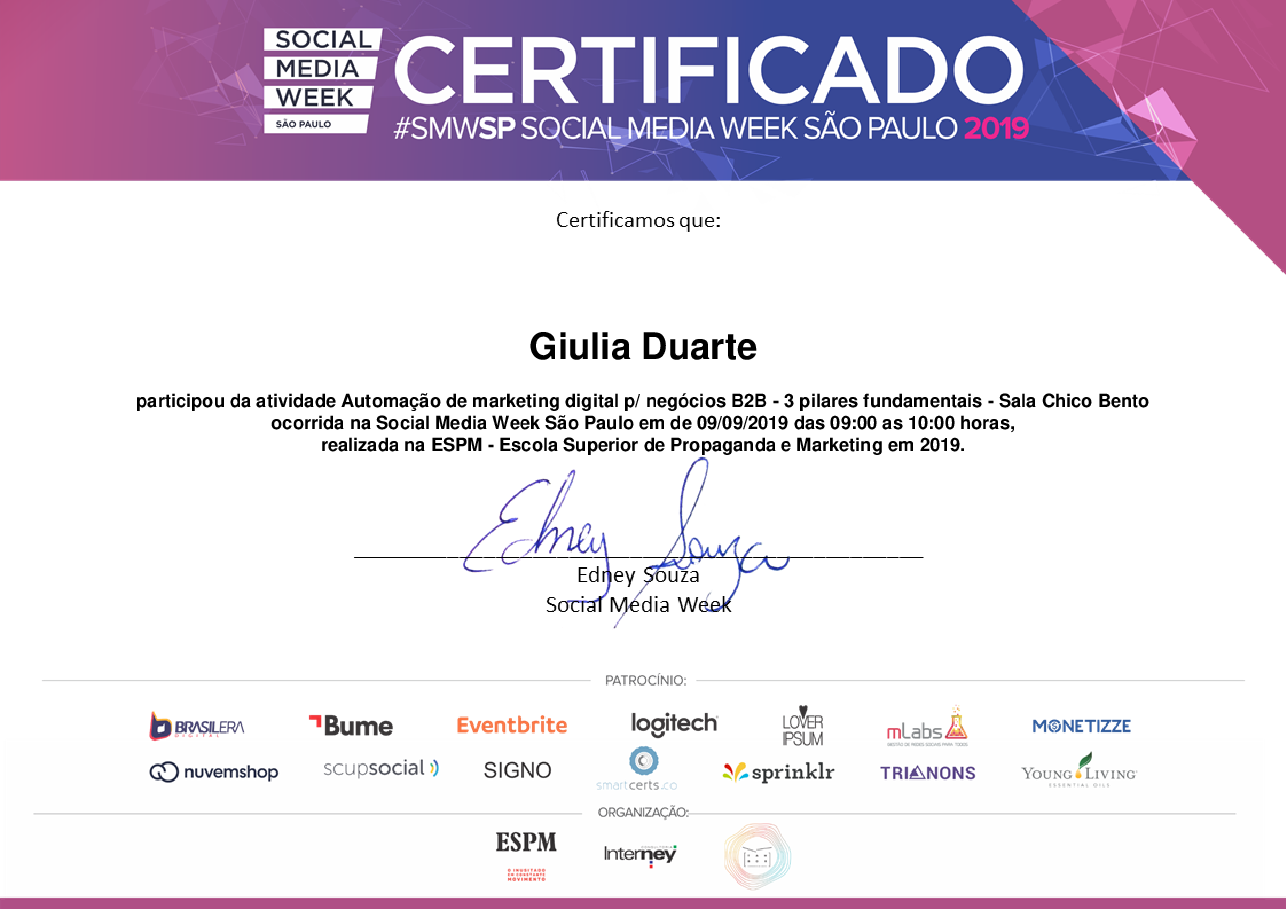 Certificado de Participação de Giulia Duarte, emitido por Social Media Week