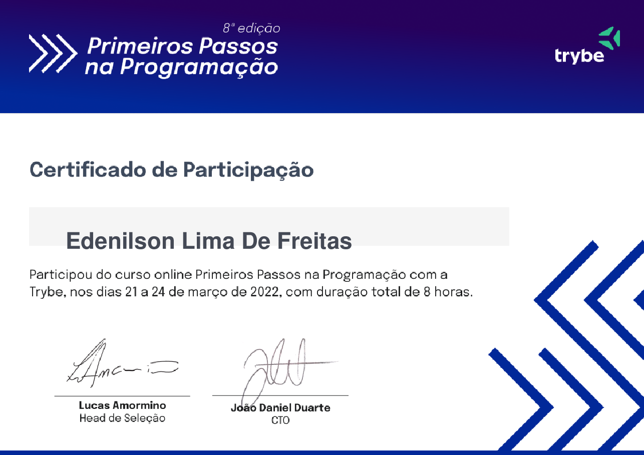 Certificado de Participação de Edenilson Lima De Freitas, emitido por Trybe