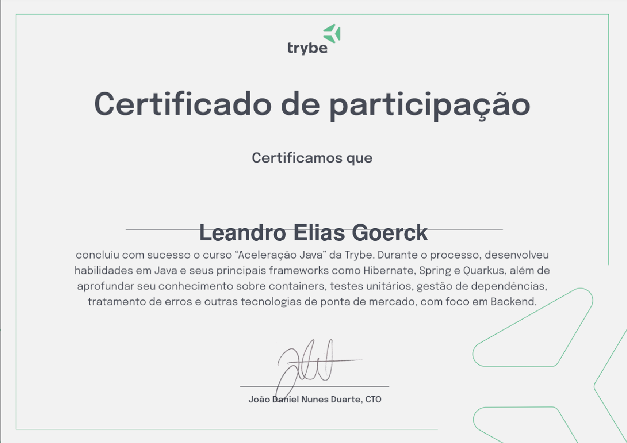 Certificado de Participação de Leandro Elias Goerck, emitido por Trybe