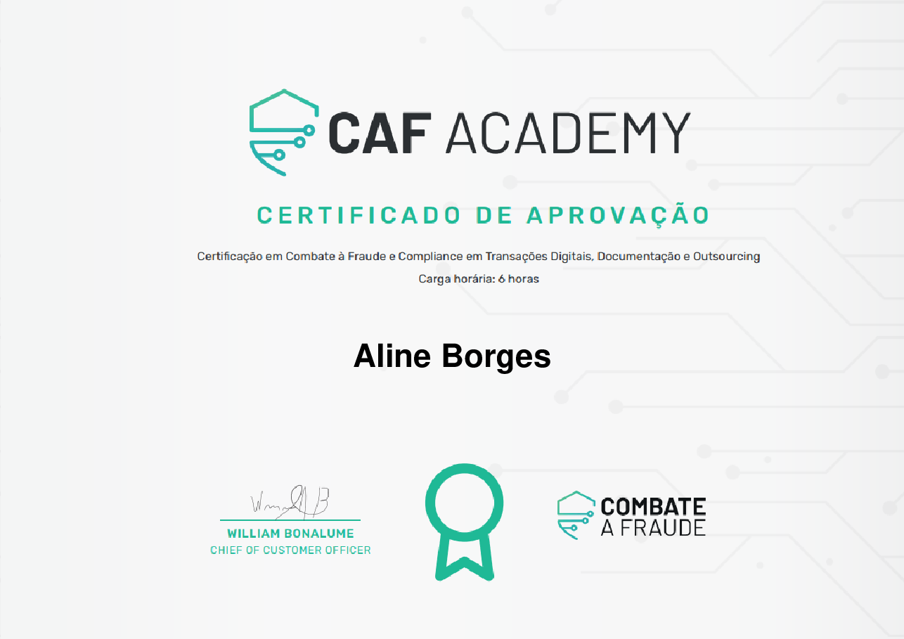 Certificado de Conclusão de Aline Borges, emitido por Fintech School