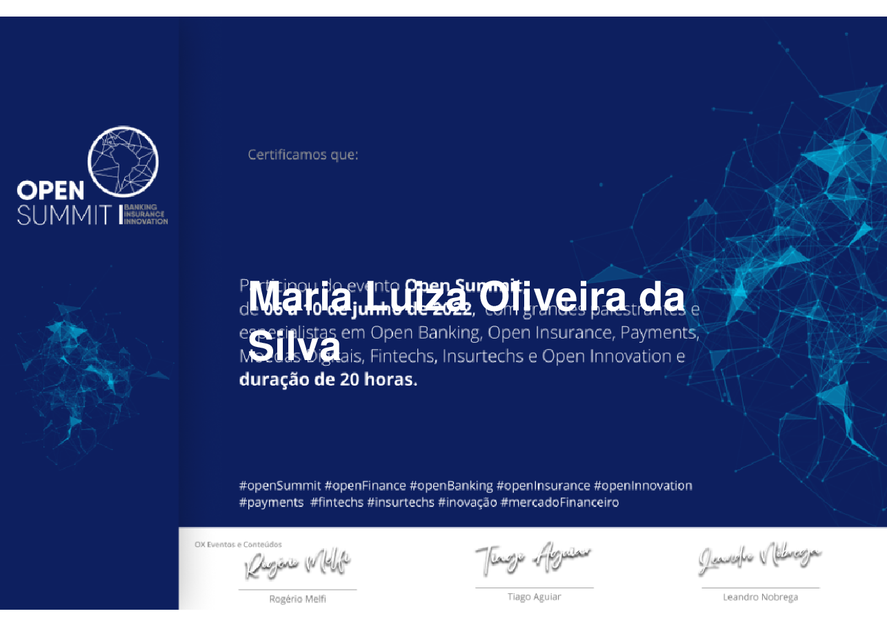 Certificado de Participação de Maria Luiza Oliveira da Silva, emitido por Somos Ox