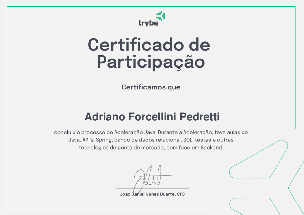 Certificado de Participação de Adriano Forcellini Pedretti, emitido por Trybe