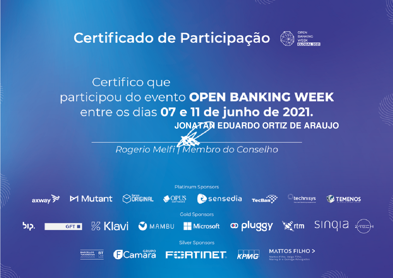 Certificado de Participação de JONATAN EDUARDO ORTIZ DE ARAUJO, emitido por Open Banking Brasil