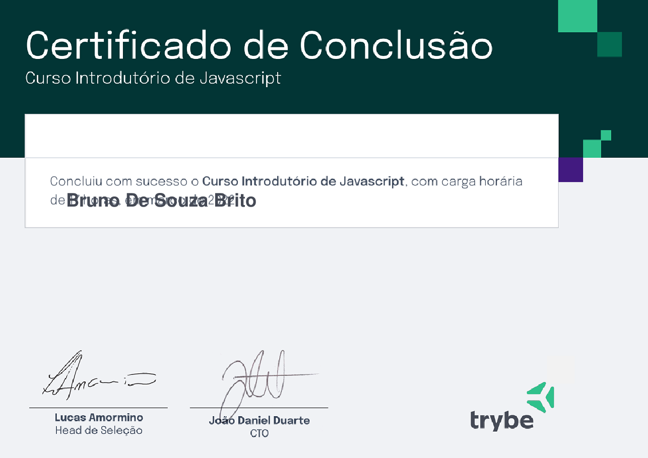 Certificado de Participação de Bruno De Souza Brito, emitido por Trybe