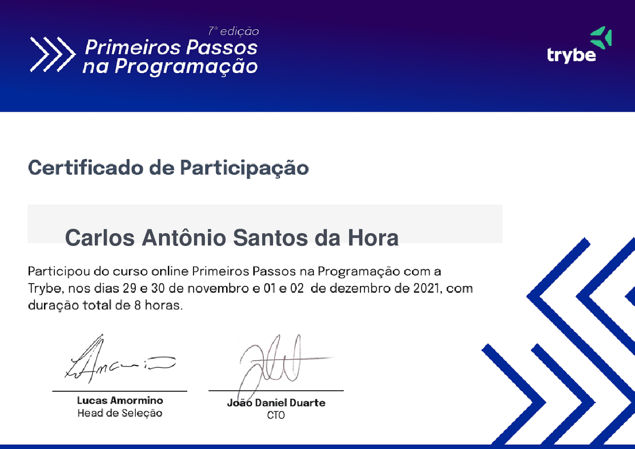 Certificado de Participação de Carlos Antônio Santos da Hora, emitido por Trybe