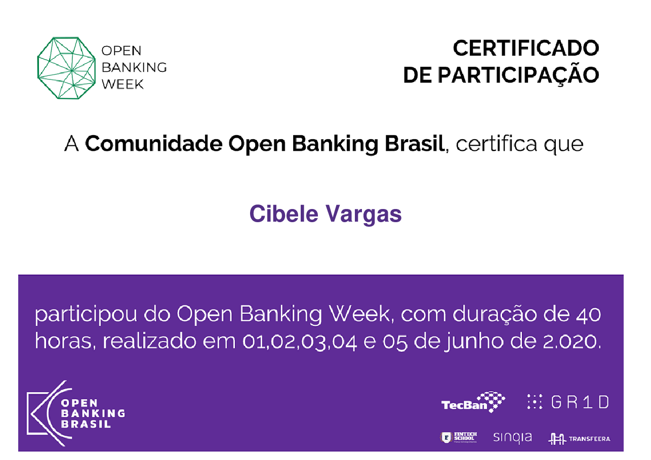 Certificado de Participação de Cibele Vargas, emitido por Open Banking Brasil