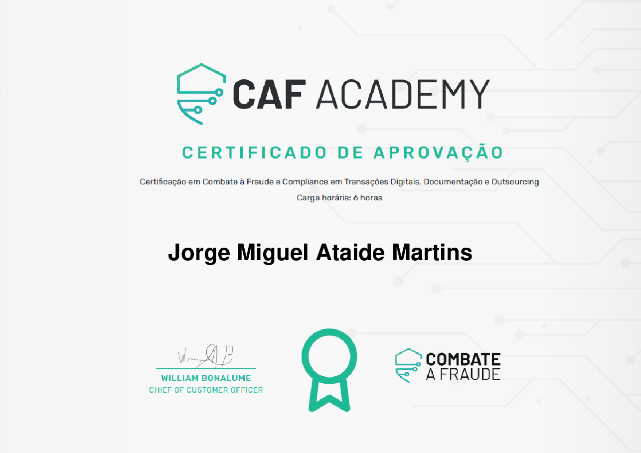 Certificado de Conclusão de Jorge Miguel Ataide Martins, emitido por Fintech School