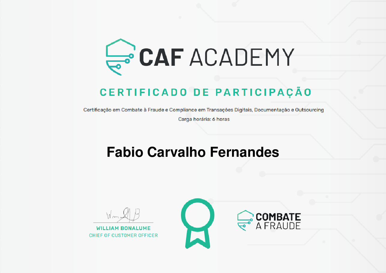 Certificado de Conclusão de Fabio Carvalho Fernandes, emitido por Fintech School