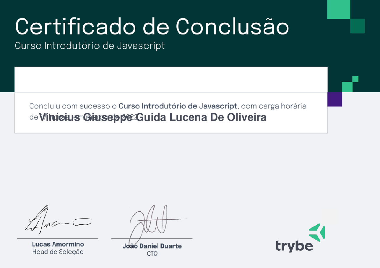 Certificado de Participação de Vinícius Giuseppe Guida Lucena De Oliveira, emitido por Trybe