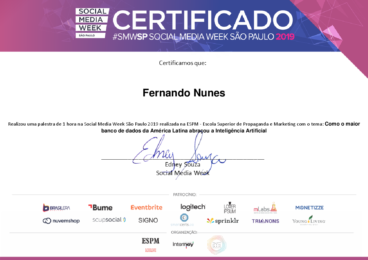 Certificado de Palestrante de Fernando Nunes, emitido por Social Media Week