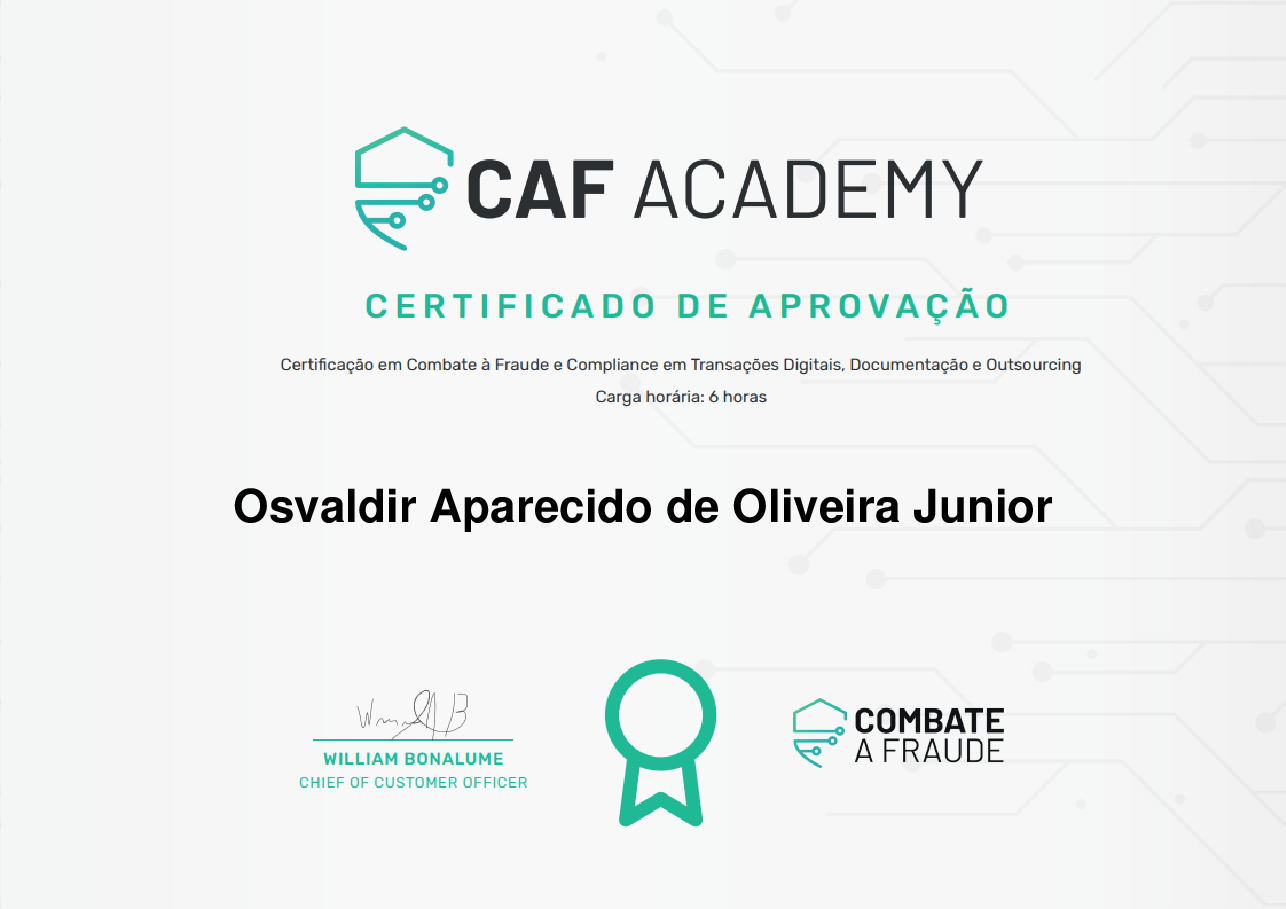 Certificado de Conclusão de Osvaldir Aparecido de Oliveira Junior, emitido por Fintech School