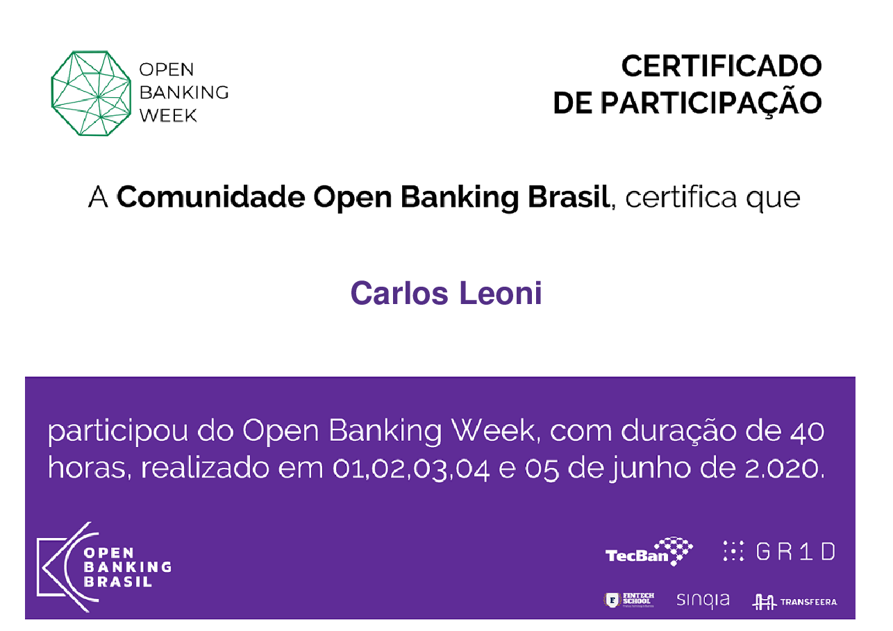 Certificado de Participação de Carlos Leoni, emitido por Open Banking Brasil