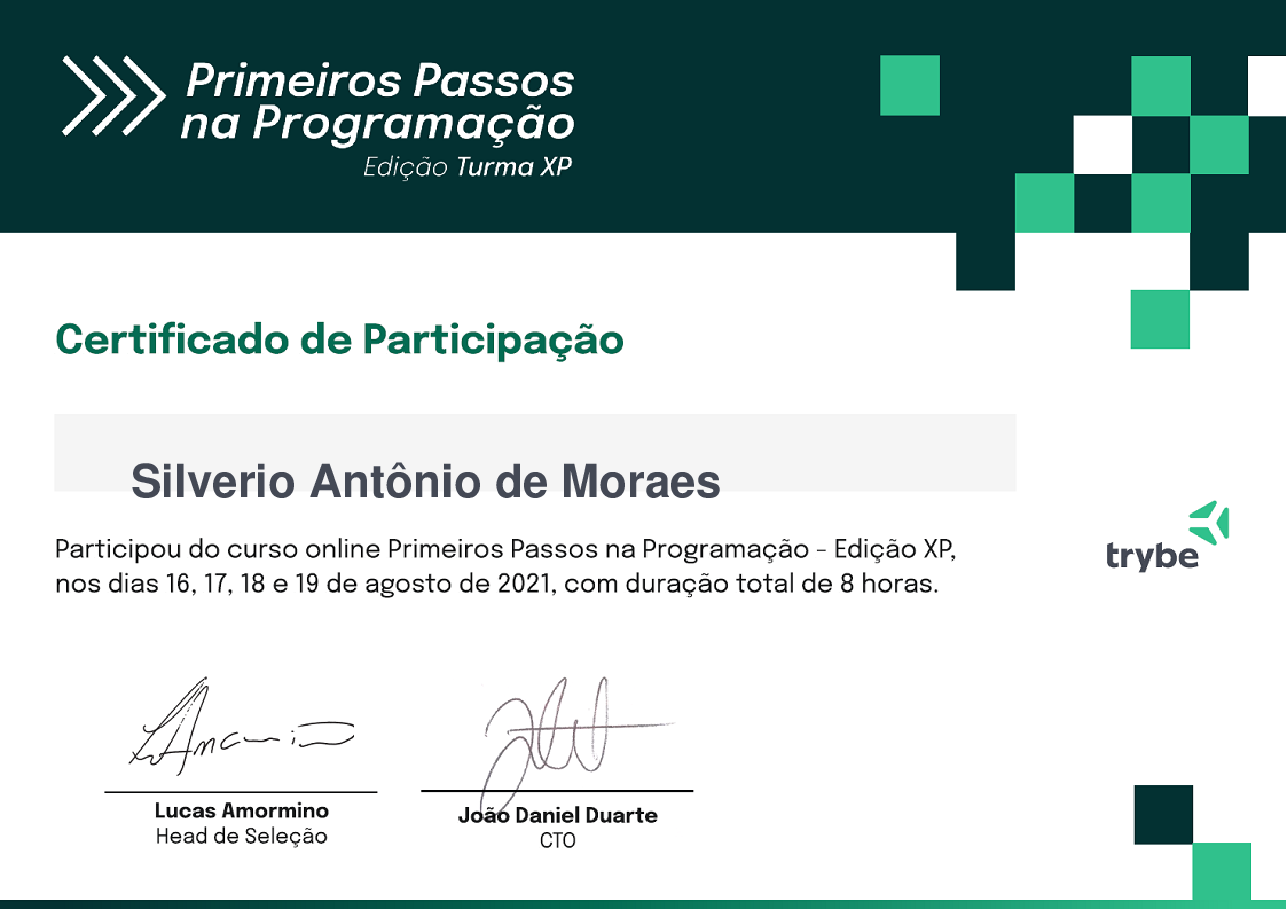 Certificado de Participação de Silverio Antônio de Moraes, emitido por Trybe