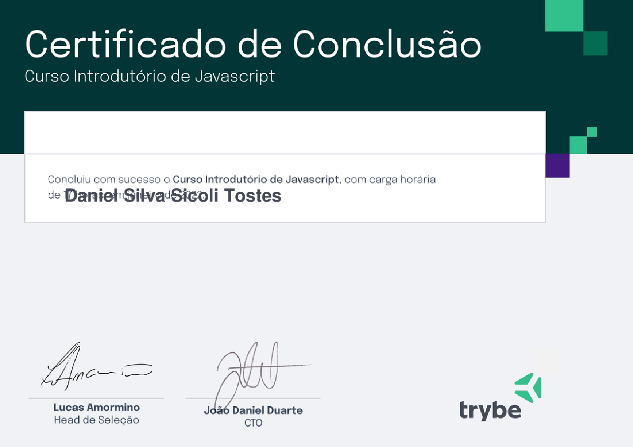 Certificado de Participação de Daniel Silva Sicoli Tostes, emitido por Trybe