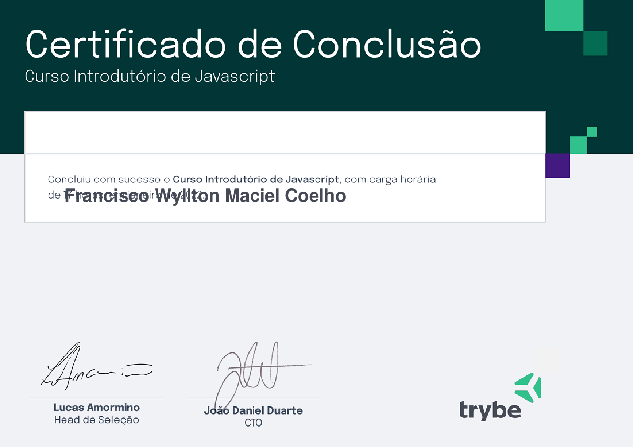 Certificado de Participação de Francisco Wyllton Maciel Coelho, emitido por Trybe