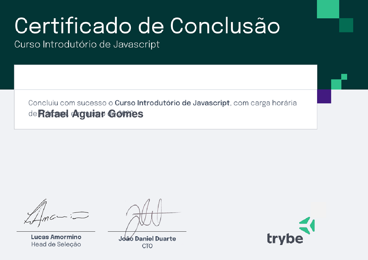 Certificado de Participação de Rafael Aguiar Gomes, emitido por Trybe