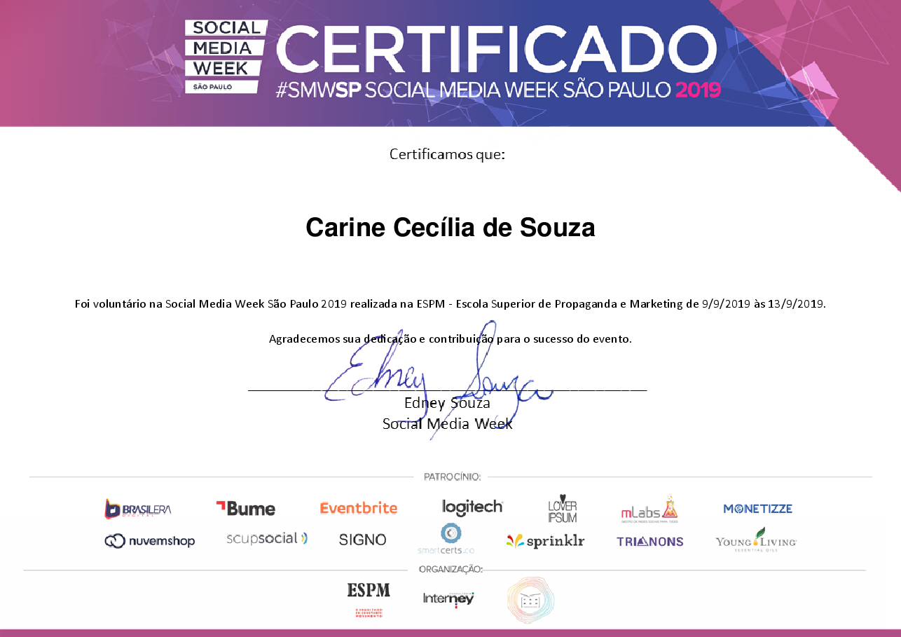 Certificado de Voluntário de Carine Cecília de Souza, emitido por Social Media Week