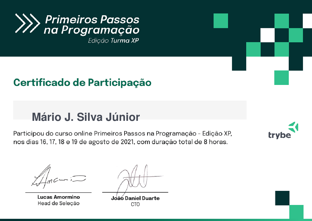 Certificado de Participação de Mário J. Silva Júnior, emitido por Trybe